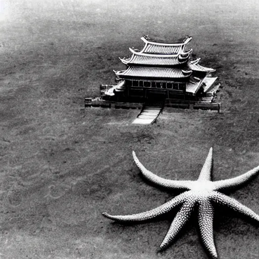 Image similar to a goryeo budhist icon of ONE giant Kaiju Starfish Monster over a traditional village, minimal cinematography by Akira Kurosawa, hyperrealistic movie filmstill, single subject, monster over city, dramatic minimal composition