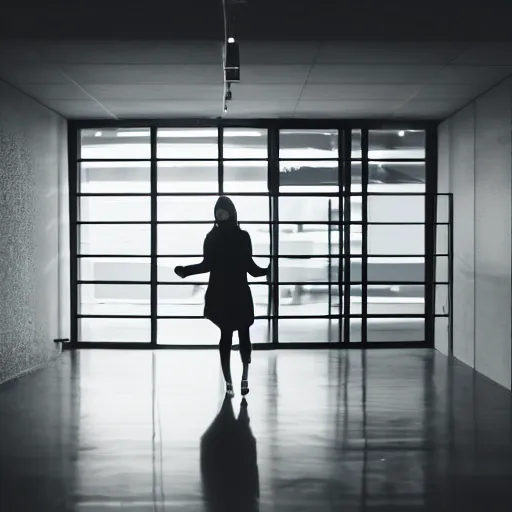 Image similar to woman holding a flashlight running through a closed ikea interior, cinematic lighting, furniture, store interior, night, minimalism, terrifying, landscape, fog, artstation