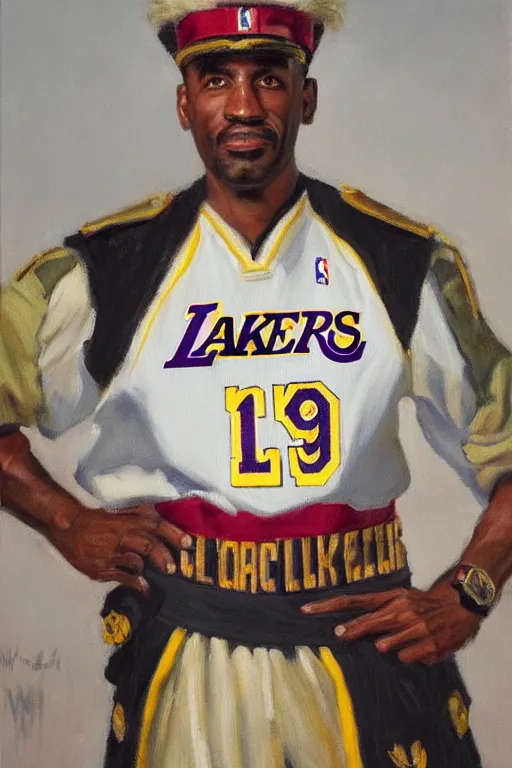 Image similar to full body portrait of the dictator of the los angeles lakers, 1 9 5 5, in full military garb, oil on canvas by william sidney mount, trending on artstation