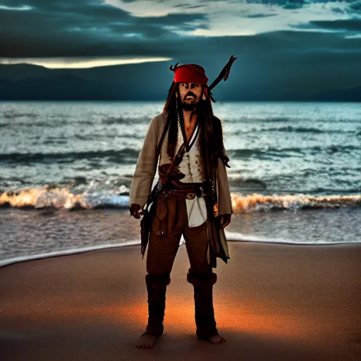 Prompt: A highly detailed photograph of Jack Sparrow on a beach at sunset, 8k