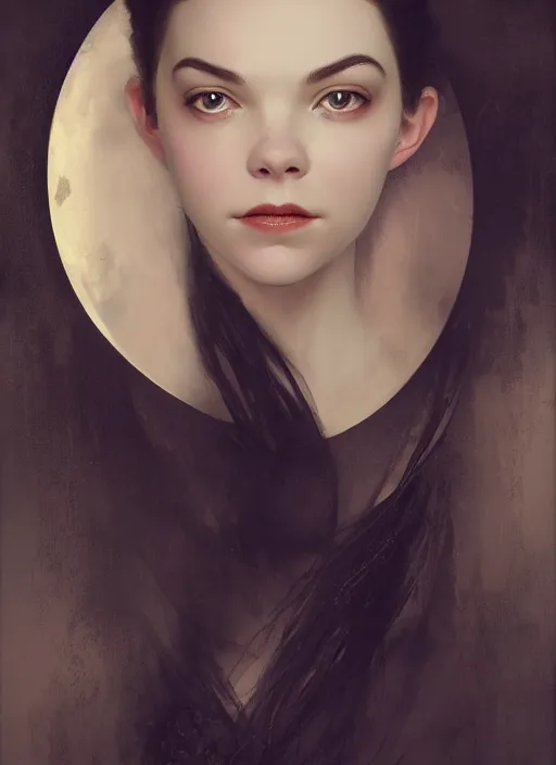 Image similar to a portrait of an elegant beautiful dark bohemian vampire woman, smooth face, glamour shot, (Anya Taylor-Joy), bored, illustration, dramatic lighting, soft details, painting oil on canvas, art nouveau, octane render, HDR, 4k, 8k, HD, by Edmund Blair Leighton, Brom, Charlie Bowater, trending on artstation,