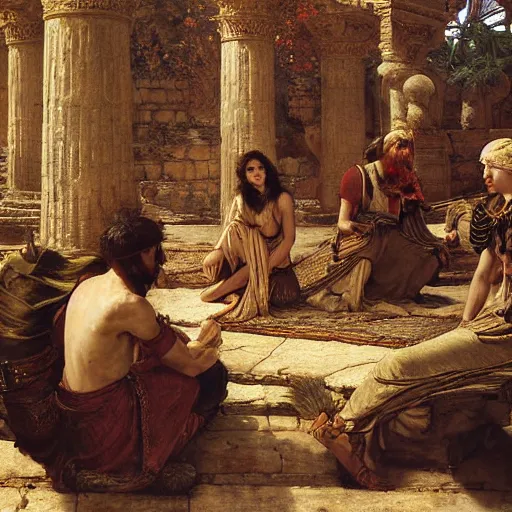 Prompt: orientalist painting of a group of adventurers in a sandstone ruin dungeons and dragons intricate artwork by john william waterhouse and Edwin Longsden Long and Theodore Ralli and Henryk Siemiradzki. high detail 8k