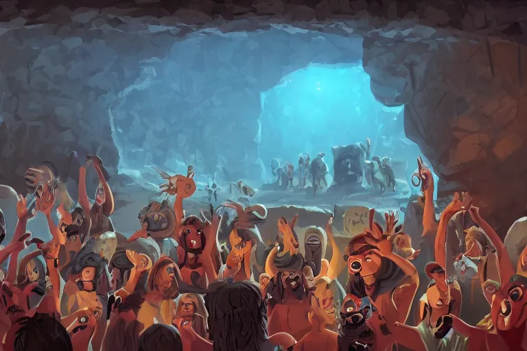 Prompt: Stone Age rave in a cave, digital art, artstation