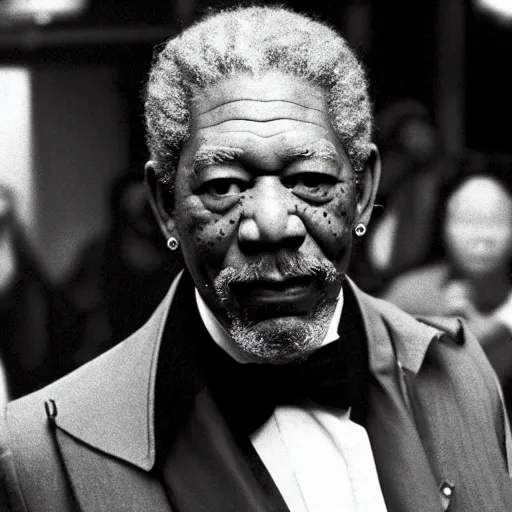 Image similar to a film still of Morgan Freeman dressed as a Pimp in a 1970s Blaxploitation film, 40mm lens, shallow depth of field, split lighting, cinematic