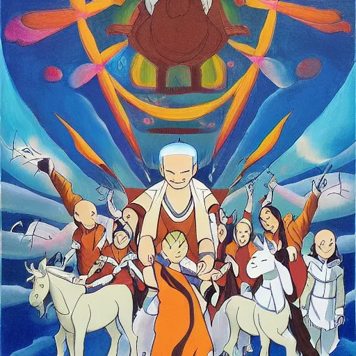 Image similar to avatar the last airbender by lawren harris, by mark lovett uneven. a photograph of a pantomime unicorn onstage, surrounded by a group of children who are clapping & cheering. the unicorn is wearing a sparkly costume & has a long, flowing mane. its horn is glittering & its eyes are wide open.