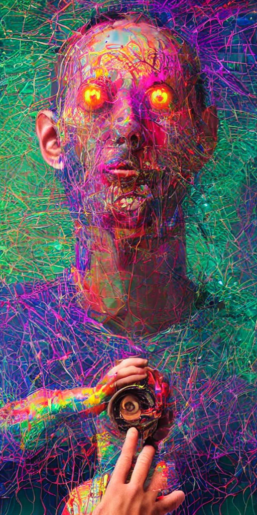 Image similar to man becomes controlled by a smartphone he gazes at while he played like a marionette, puppet, intricate complexity, horror, psychedelic glitch art, rainbow drip paint, trending on art station, photoreal, 8k, octane render