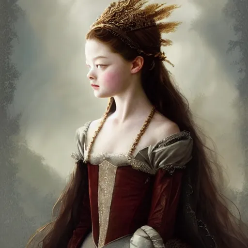 Image similar to beautiful & striking Mackenzie Foy as a 1700s princess by Artgerm and Greg Rutkowski, intricate, elegant, highly detailed, digital painting, artstation, concept art, moody, sharp focus, illustration,