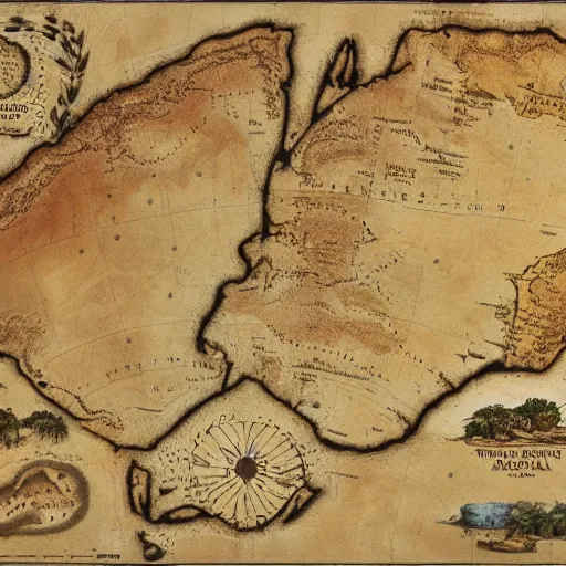 Image similar to recently rediscovered map of ancient Australia, 8k scan, colorized