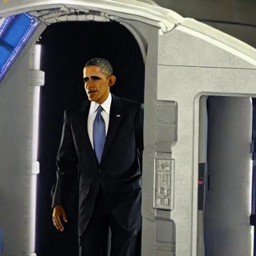 Prompt: barrack obama going through a stargate in the sg - 1 base, holding a goauld in his right hand