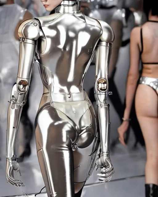 Prompt: Hajime Sorayama designed Metallic Robot Woman walks on a runway in Paris. Robot woman’s skin made out of reflective chrome, Hyperreal