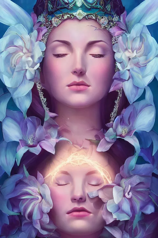 Image similar to a goddess of magnolia a queen of the garden, meditating! with a beautiful symmetrical face!!! cinematic lightning, isolated, studio lighting by ross tran