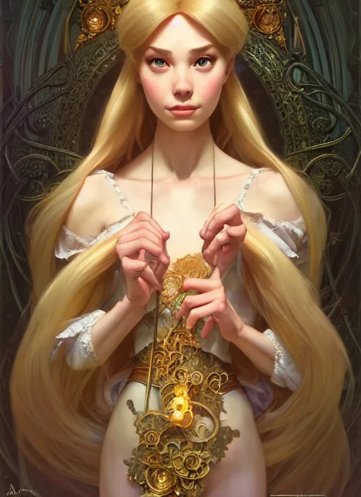 Image similar to portrait of rapunzel, intricate, elegant, highly detailed, my rendition, digital painting, artstation, concept art, smooth, sharp focus, illustration, art by artgerm and greg rutkowski and alphonse mucha and uang guangjian and gil elvgren and sachin teng, symmetry!!