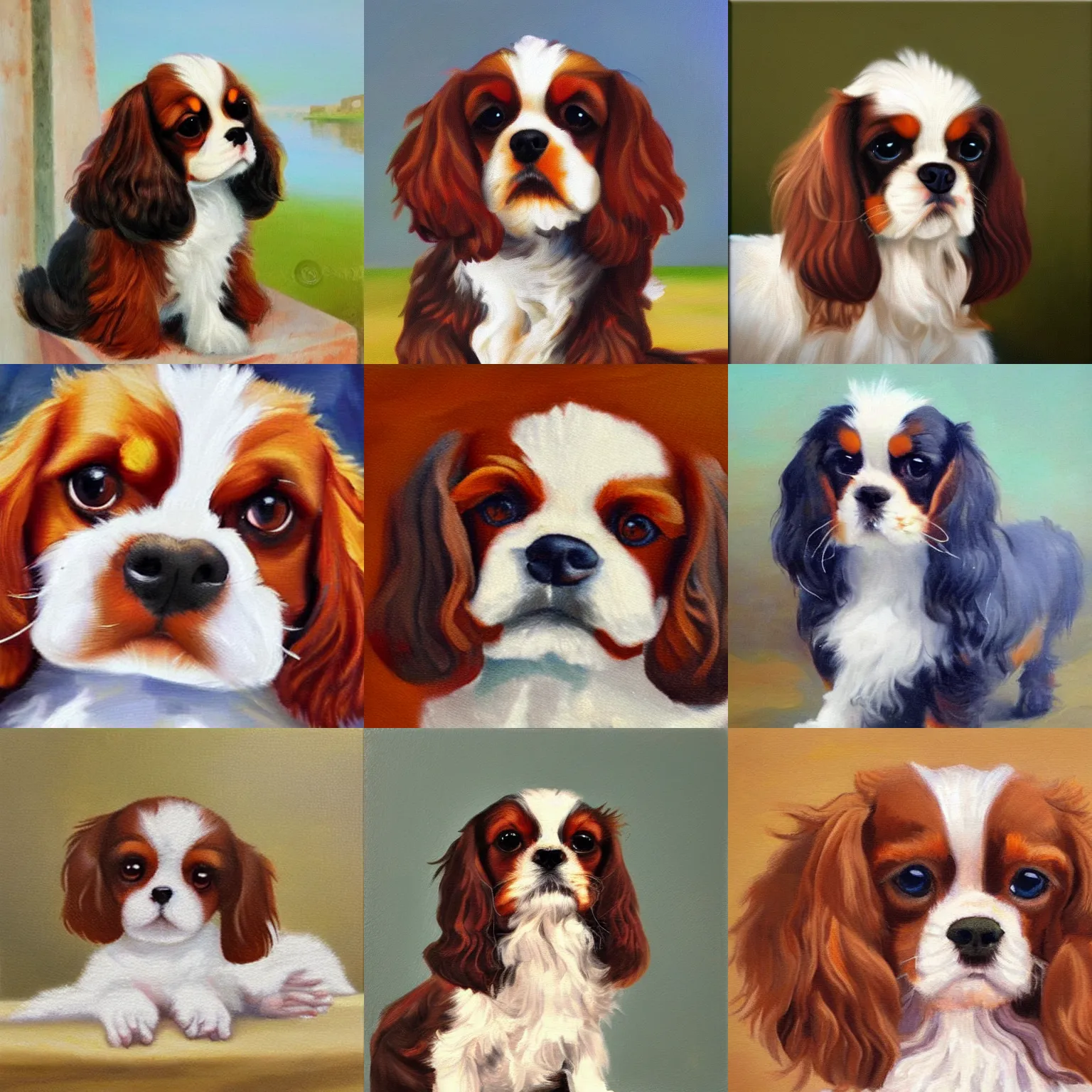 Prompt: cute fluffy cavalier king charles spaniel, ancient greece background, oil on canvas
