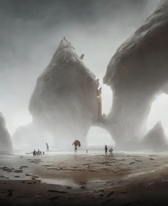 Image similar to surreal epic, masterpiece, romantic white exploration base, ancient ochre palette, impossible architecture by ruan jia, mecha floor, futuristic, blame, white architecture in the beach in iceland, foggy, highly detailed, digital painting, arstation, concept art, hyperealistic octane render, unreal engine