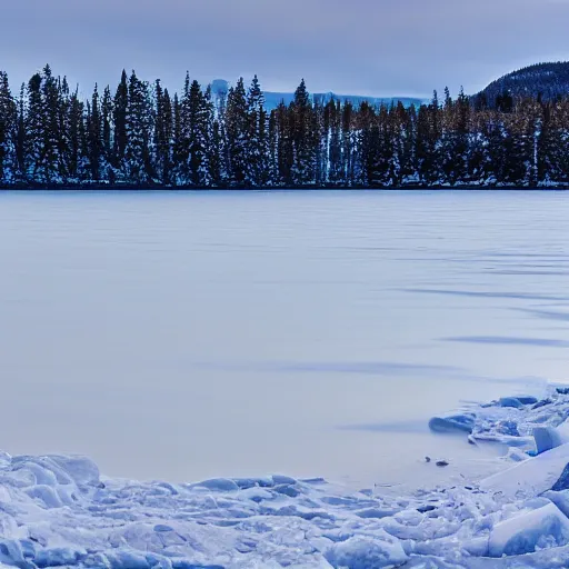 Prompt: a photo of a beautiful lake panorama. The lake is frozen, the water is the flag of Finland, 24mm picture