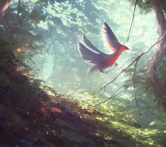 Image similar to a bird flying through a forest, wind streaks. Adventurous. By Makoto Shinkai, Stanley Artgerm Lau, WLOP, Rossdraws, James Jean, Andrei Riabovitchev, Marc Simonetti, krenz cushart, Sakimichan, trending on ArtStation, digital art.