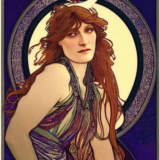 Image similar to florence welch portrait by louis - theophile hingre and alphonse mucha, realistic, sharp focus, zodiac signs, tarot cards, planets, ethereal, art nouveau, magic, moon, sun, crown, dreamy, royal, jewellery