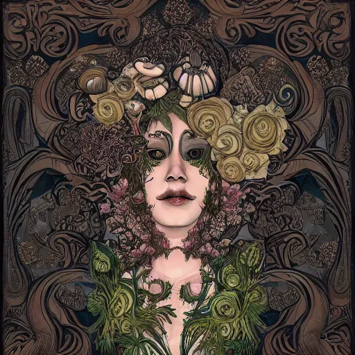 Prompt: a beautiful detailed front view portrait of a rotten woman corpse with fractal plants and fractal flowers and mushrooms growing around, intricate, symmetrical, ornate, ornamentation, illustration, in the style of art nouveau