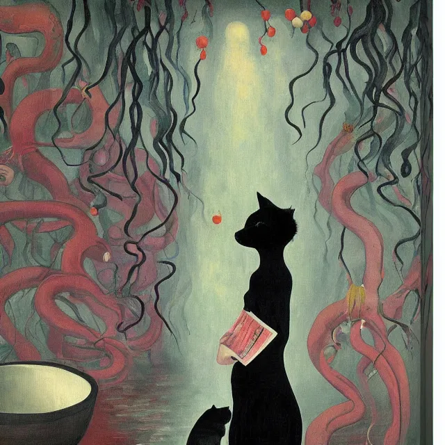 Prompt: tall female catgirl artist holding a black cat in her flooded apartment, pomegranates, octopus, water gushing from ceiling, painting of flood waters inside an artist's apartment, a river flooding indoors, mushrooms, ikebana, zen, rapids, waterfall, black swans, canoe, berries, acrylic on canvas, surrealist, by magritte and monet