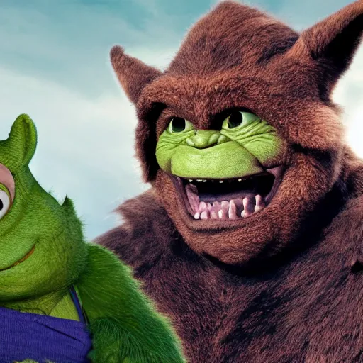 Image similar to ryan reynolds godzilla yoda donkey kong pikachu yeti shrek super mario homer groot waluigi darth vader mike wazowski, highly detailed, extremely high quality, hd, 4 k, 8 k, professional photographer, 4 0 mp, lifelike, top - rated, award winning, cinematic, realistic, detailed lighting, detailed shadows, sharp, no blur, edited, corrected, trending