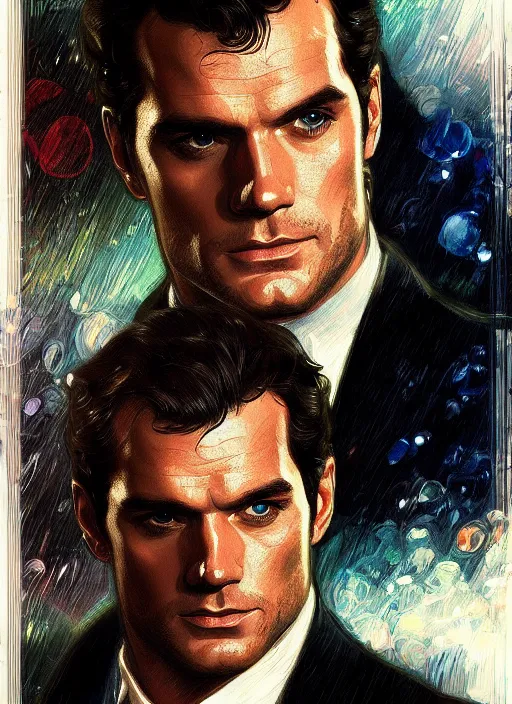 Prompt: portrait of henry cavill as james bond, casino, rain, aston martin, highly detailed, digital painting, artstation, concept art, cinematic lighting, sharp focus, illustration, by gaston bussiere alphonse mucha