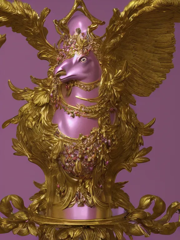 Image similar to a beautiful render of an exotic pale lilac feathered and metallic gold bird with red jewel eyes, surrounded by an elaborate decorative plaster arabesque rococo motif, by Raphael and Antoine Watteau, zbrush, redshift render, 8k, hyperreal