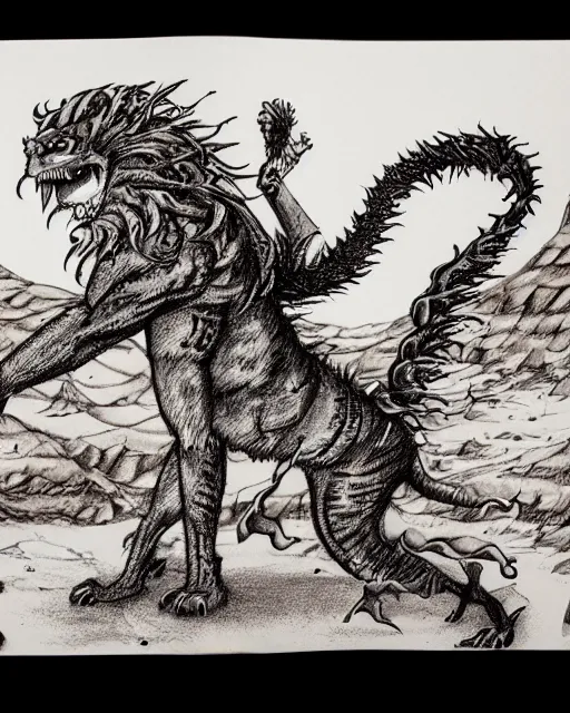 Image similar to pen and ink drawing of a manticore in the desert, by steve jackson and ian livingstone, highly detailed