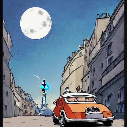 Prompt: a study of cell shaded cartoon of limousine from howl's moving castle ( 2 0 0 4 ) on the streets of paris, in front of a big moon, full body, wide shot, very muted colors, post grunge, studio ghibli, laurie greasley, highly detailed, deviantart, art by artgem