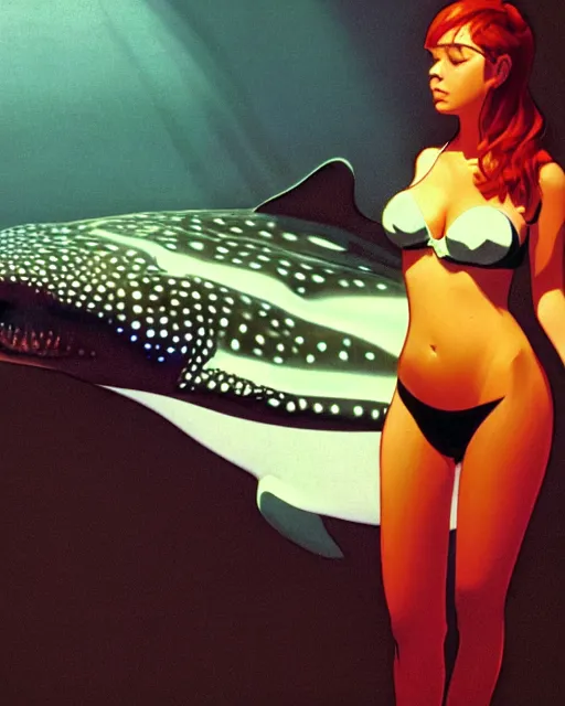 Prompt: whale shark with redhead girl, radiant lighting, cinematic, artstation by syd mead