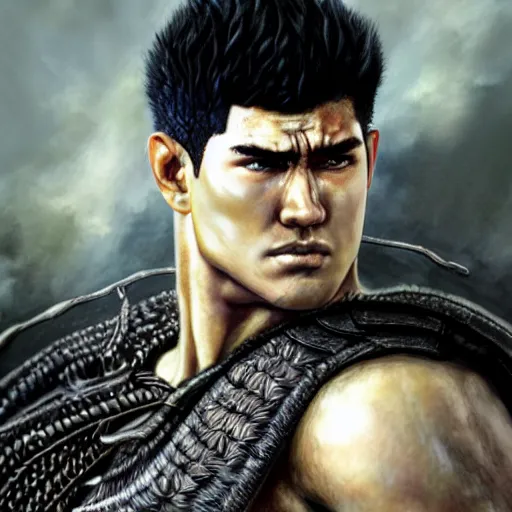 Image similar to photoshop photo edited by expert painting photorealistic shockingly amazing portrait of guts from berserk ,extremely detailed, made by wlop and maxwell boas