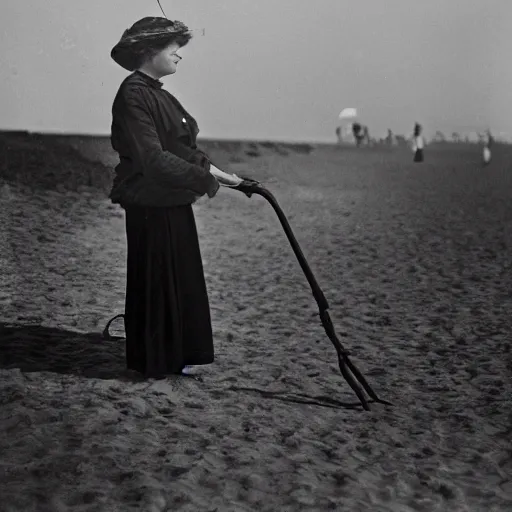 Image similar to an edwardian woman using a metal detector on the beach, black and white photograph