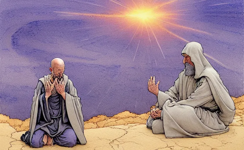 Prompt: a hyperrealist watercolour concept art of a medieval monk in grey robes kneeling in prayer on a desert road. a large space - time bending portal is above them in the sky. by rebecca guay, michael kaluta, charles vess and jean moebius giraud. high detail, hq, wide shot