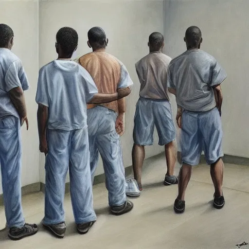 Prompt: hyperrealism painting of prisoners scheming to escape prison