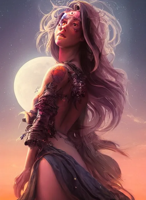 Prompt: Lunar goddess with long hair, moon in background, dark shadows, contrast, vivid colors, concept art, sharp focus, digital art, Hyper-realistic, 4K, Unreal Engine, Highly Detailed, Dramatic Lighting, Beautiful, by bastien lecouffe-deharme