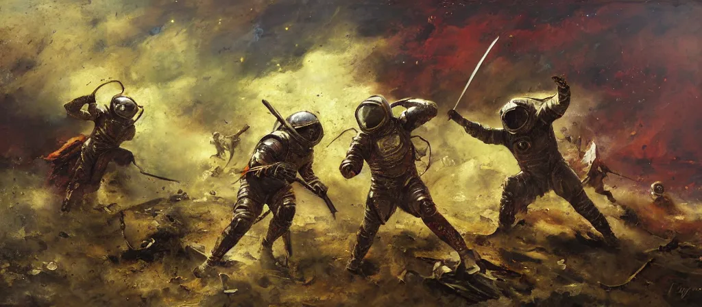 Prompt: battle scene, gladiator - astronaut using swords, segmented armor, luminist style, tonalism, dramatic lighting, action scene, palette knife, frenetic brushwork, chiaroscuro, figurative art, detailed, proportions, spatter, dust, atmospheric, volumetric lighting, red iron oxide, raw sienna, and sage green