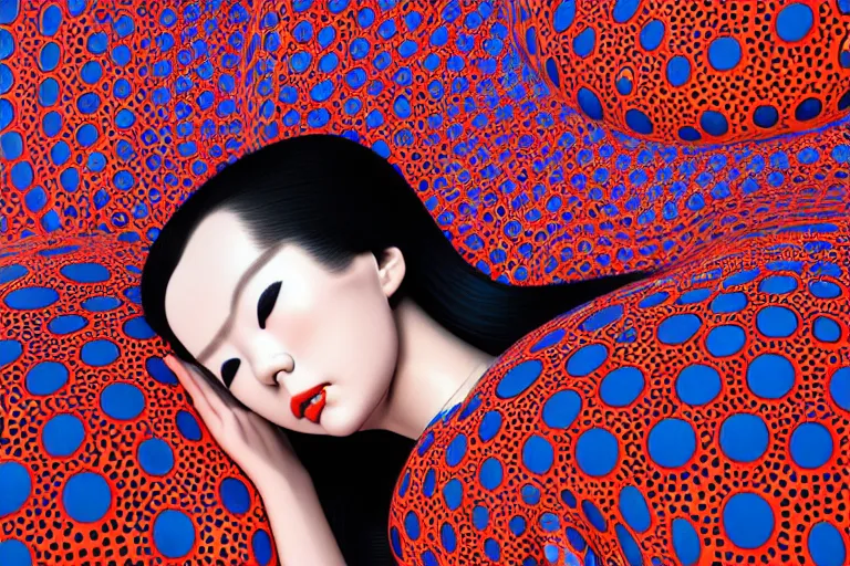 Image similar to hyperrealistic detailed image of a geisha laying in a art installation room, minimal psychedelic background by yayoi kusama, part by kei mieno, part by alex gray, part by ross tran, part by james jean, ultra realistic, highly detailed, life like face, detailed body, 8 k, octane render, trending on artstation, very cohesive, masterpiece