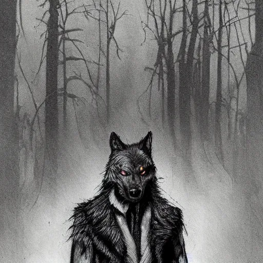 Image similar to werewolf wearing fancy clothes, featured on artstation, photograph captured in a dark forest in early 1 4 0 0 s