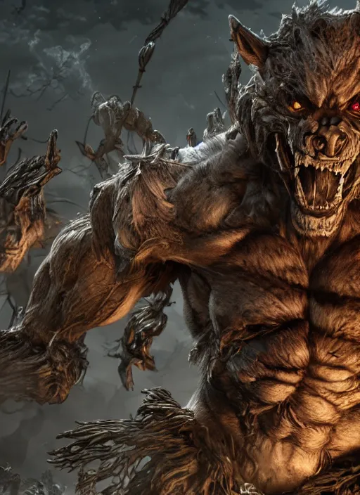 Image similar to a muscular werewolf fighting an endless army of skeletons, ultra detailed fantasy, elden ring, realistic, dnd, behance hd, artstation, global illumination radiating a glowing aura global illumination ray tracing hdr render in unreal engine 5