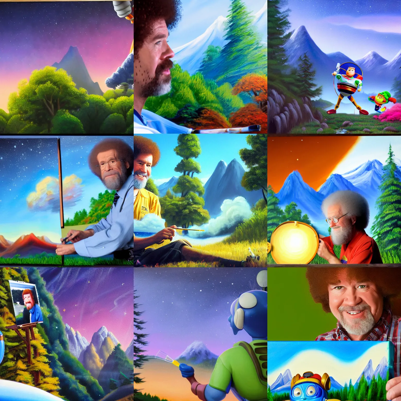 Prompt: a closeup photorealistic photograph of bob ross painting an image of buzz light year on a canvas. mountains and trees. film still. brightly lit scene. this 4 k hd image is trending on artstation, featured on behance, well - rendered, extra crisp, features intricate detail, epic composition and the style of unreal engine.