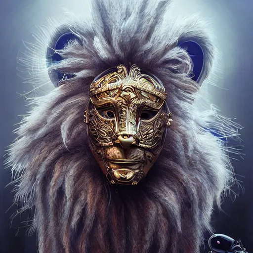 Image similar to Very very very very highly detailed epic zoom out photo of full face with lion rockstar venetian mask, intricate, dystopian, sci-fi, extremely detailed, digital painting, artstation, concept art, smooth, sharp focus, illustration, intimidating lighting, incredible art by Artgerm and Vincent di Fate