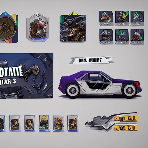 Image similar to car engine car parts concept art, cards, comic page, realistic fortnite, ui cards