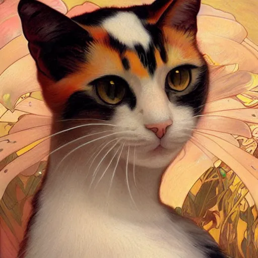 Prompt: portrait of a calico cat!!!!!!!!, calico cat, animal, cat masterpiece, sakimichan!!!!!, Ross Tran, (((Alphonse Mucha)))