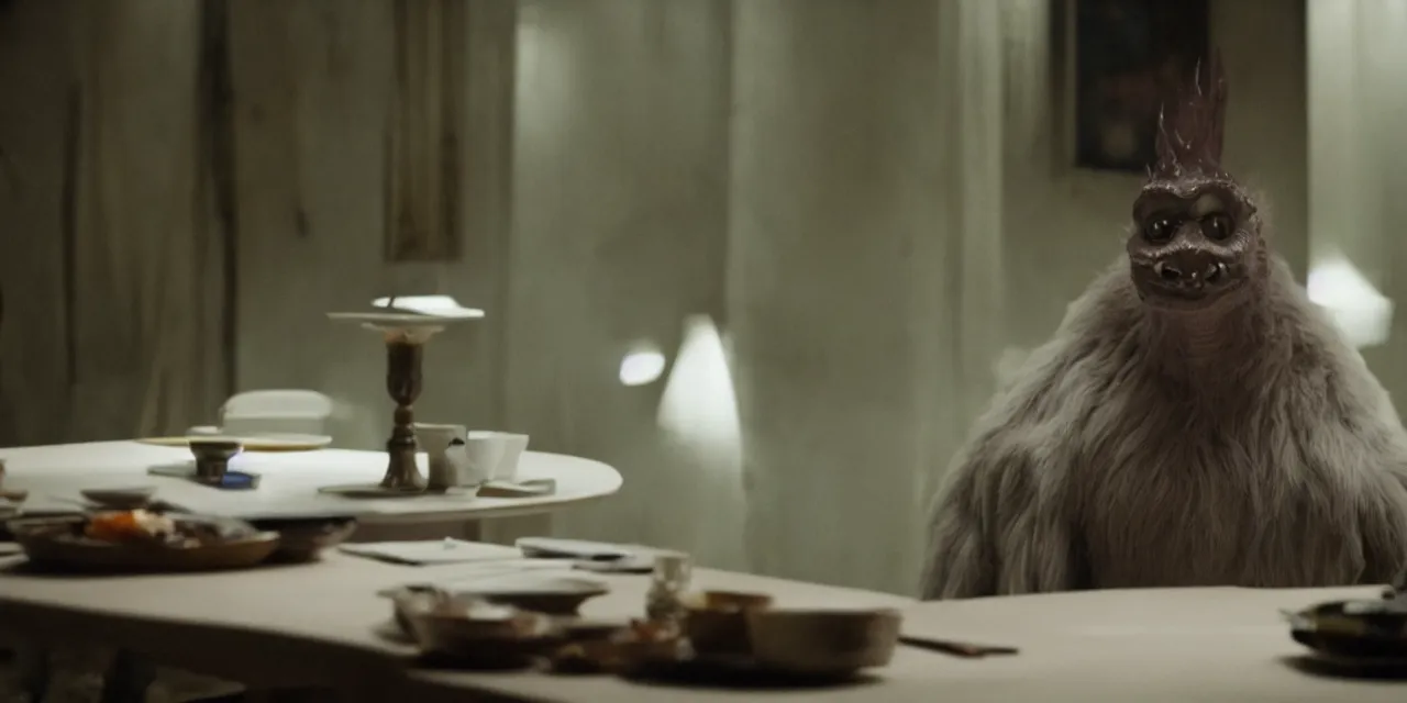 Image similar to a strange creature sits at a table, film still from the movie directed by Denis Villeneuve with art direction by David Cronenberg, close up, telephoto lens, shallow depth of field