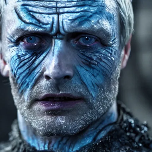 Prompt: Mads Mikkelsen as the Night King, close up, stoic, cold