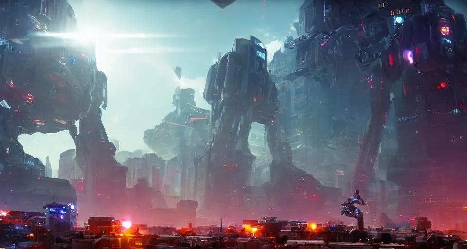 Image similar to a photo of an enormous mech towering over a crowd of astronauts in a futuristic city in the background, ultra realistic, hyper - detailed, unreal engine, raytraced lighting, colorful accents