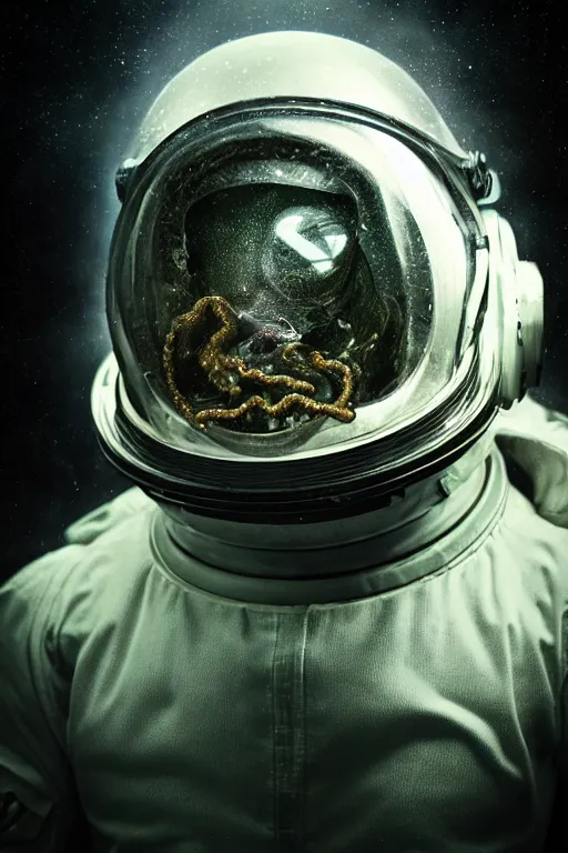 Prompt: extremely detailed studio portrait of space astronaut, alien tentacle protruding from eyes and mouth, slimy tentacle breaking through helmet visor, shattered visor, full body, soft light, disturbing, shocking realization, award winning photo by michal karcz and yoshitaka amano