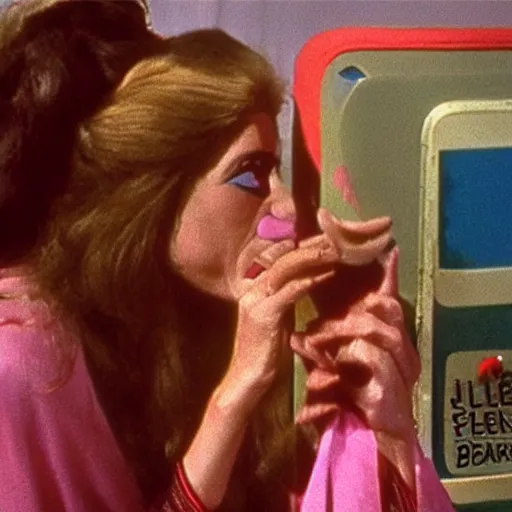 Image similar to 1970 hippie woman on tv show with a long prosthetic snout nose, big nostrils, wearing a robe in the park 1970 color archival footage color film 16mm holding a hand puppet Fellini Almodovar John Waters Russ Meyer Doris Wishman