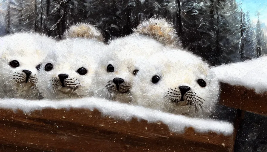 Image similar to highly detailed closeup painting of cute furry white baby seals inside a snowy adventure park climbing frame by william turner, by greg rutkowski, by william constable, thick brush strokes and visible paint layers, 4 k resolution