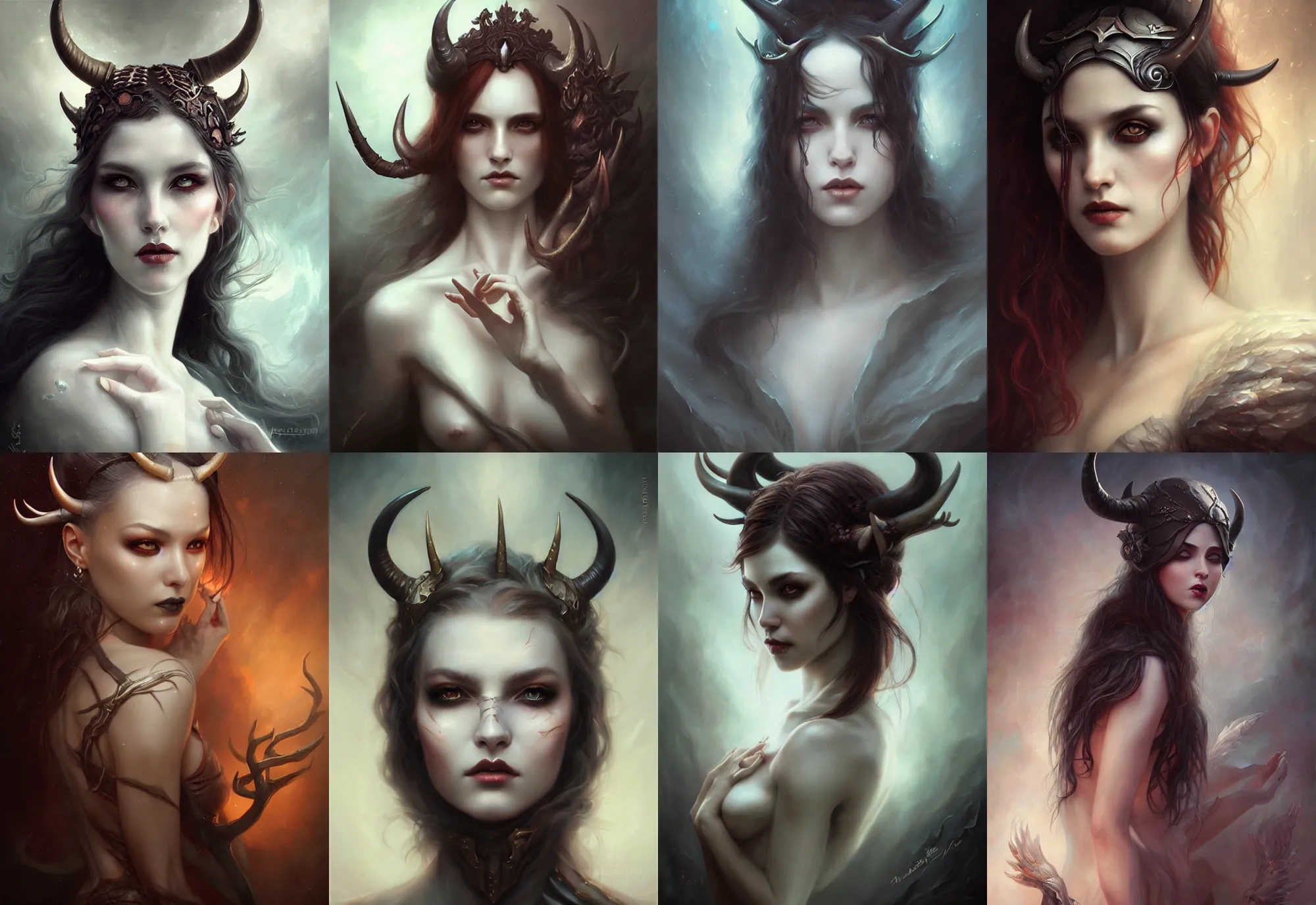 Prompt: a hauntingly beautiful woman with horns, painted by artgerm and tom bagshaw, fantasy art, dramatic lighting, highly detailed oil painting