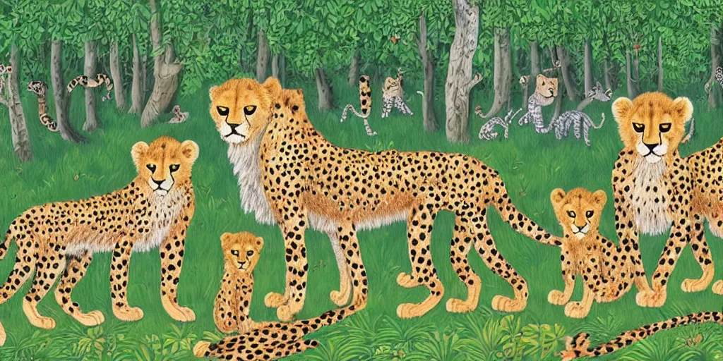 Image similar to whole family of cheetah and lion in happy forest , huge scale, high detail, intricate by Axel Scheffler